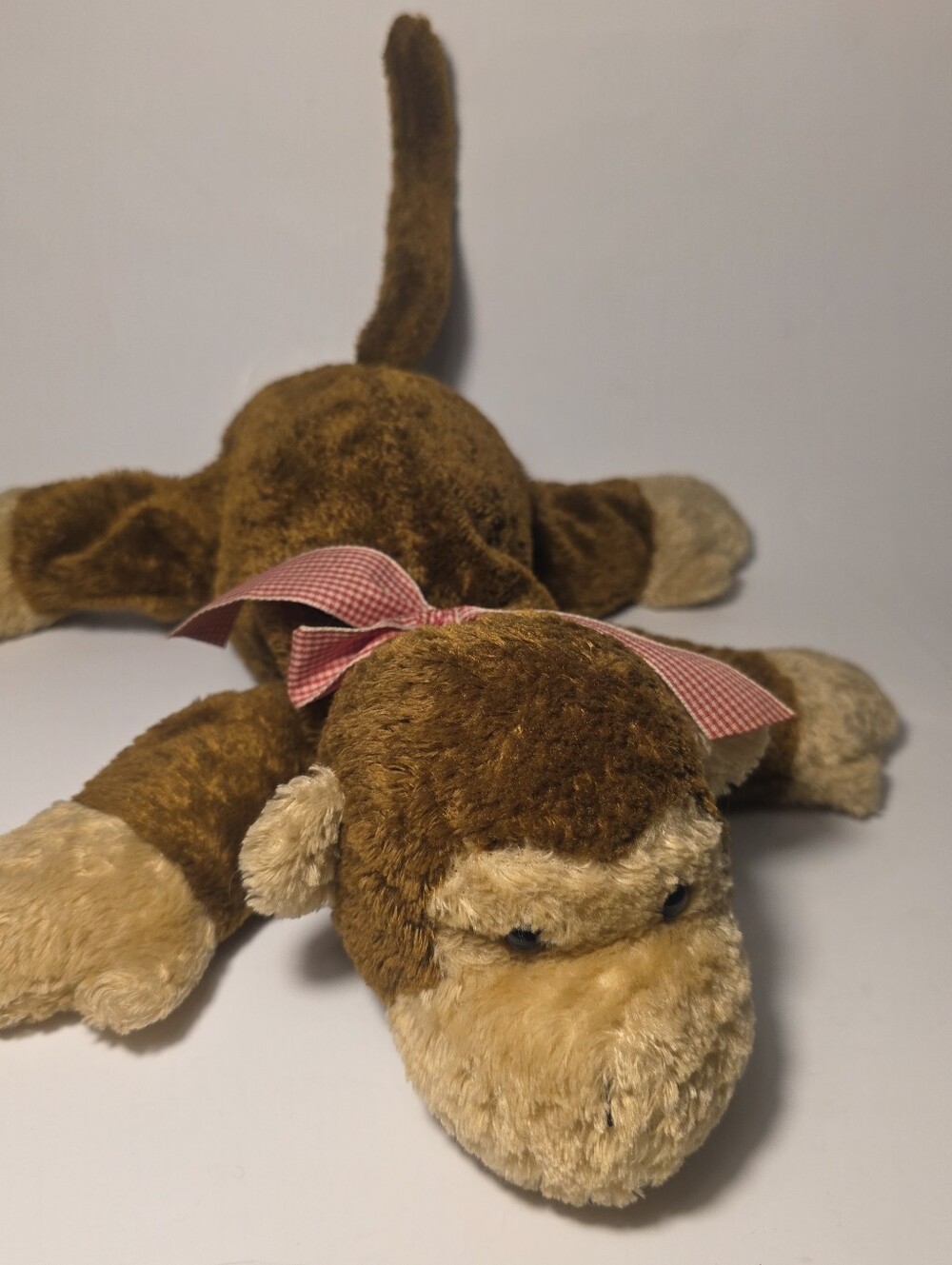 Brown Monkey Stuffed Animal with Red Gingham Bow Plush Plushie Toy Soft 13inch